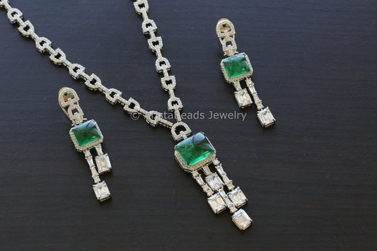 Indowestern Silver Finish CZ & Emerald Doublet Necklace Set