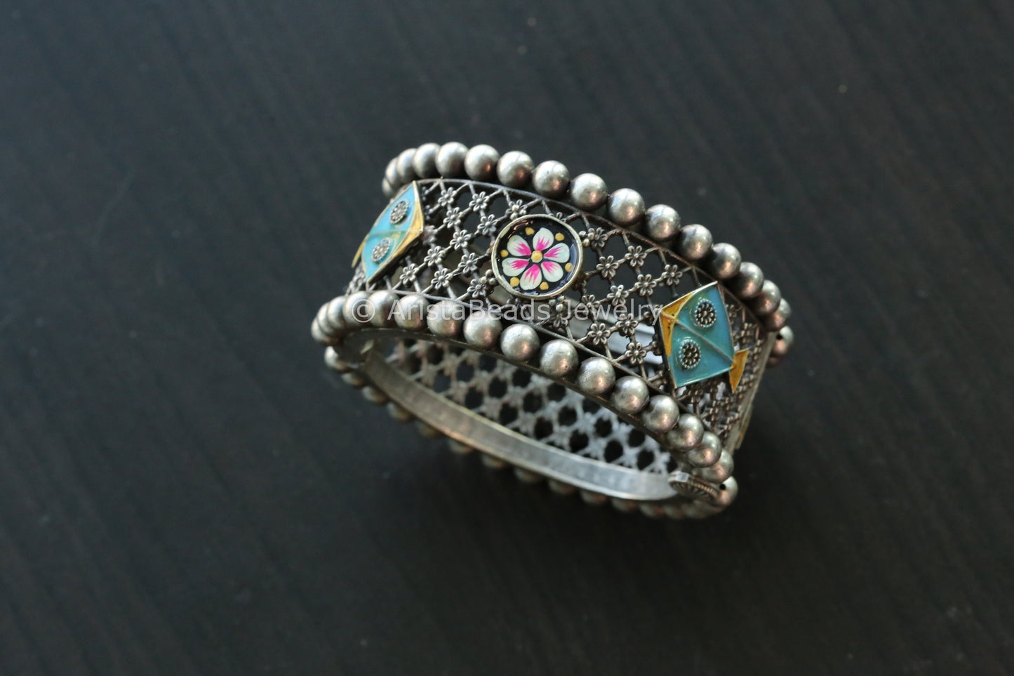 Enamel Oxidized Silver Look Bangle - Blue