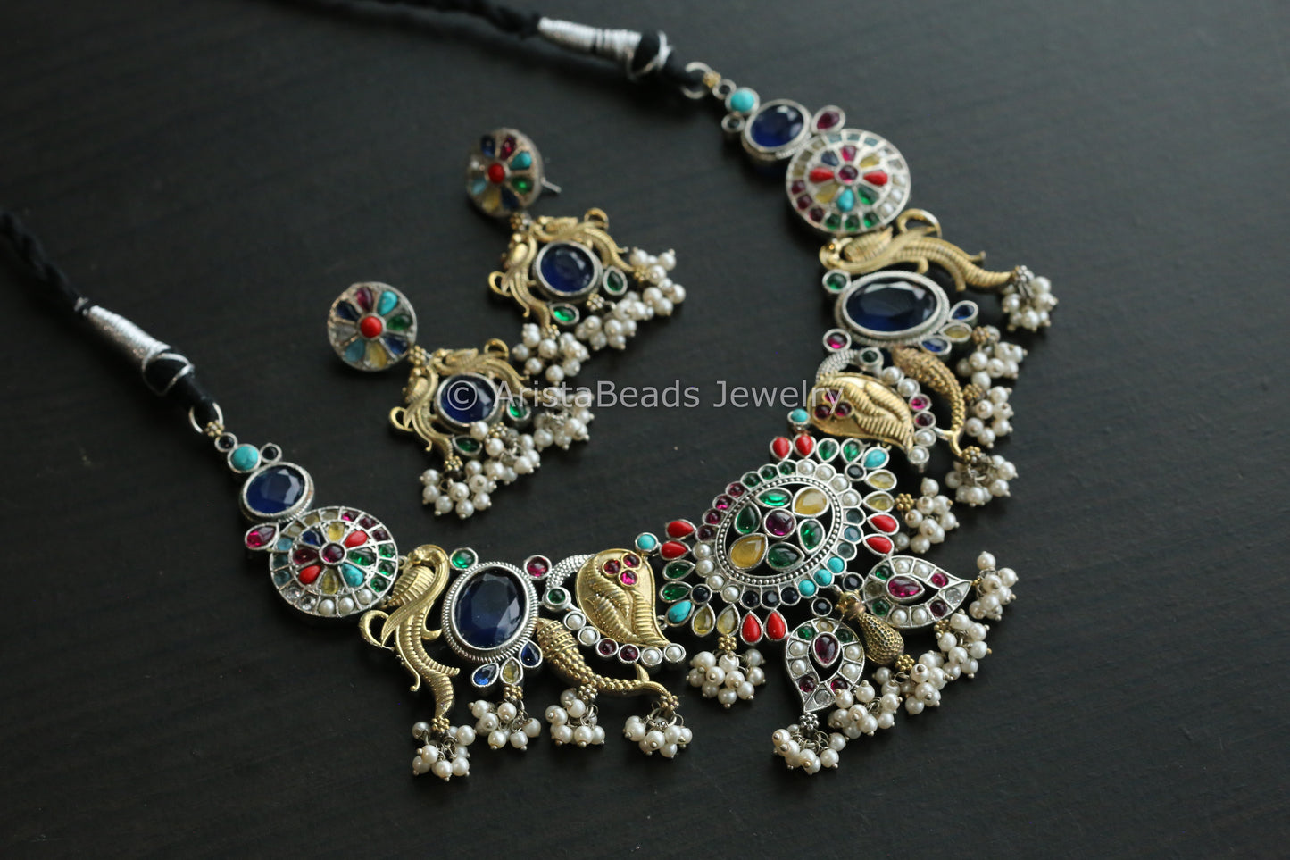 Dual Tone Kemp Stones Necklace Set - Navratan