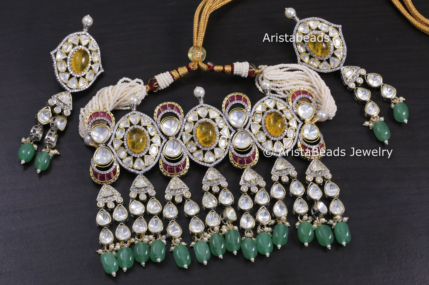 Premium Uncut Polki, Yellow Doublet & Pota Stones Necklace Set