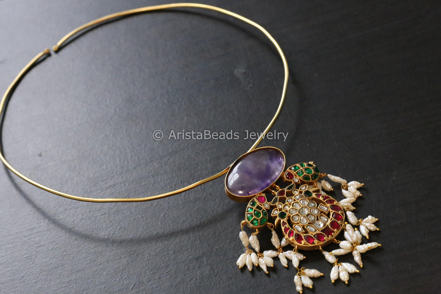 Amethyst Cab & Jadau Hasli Necklace (Adjustable)