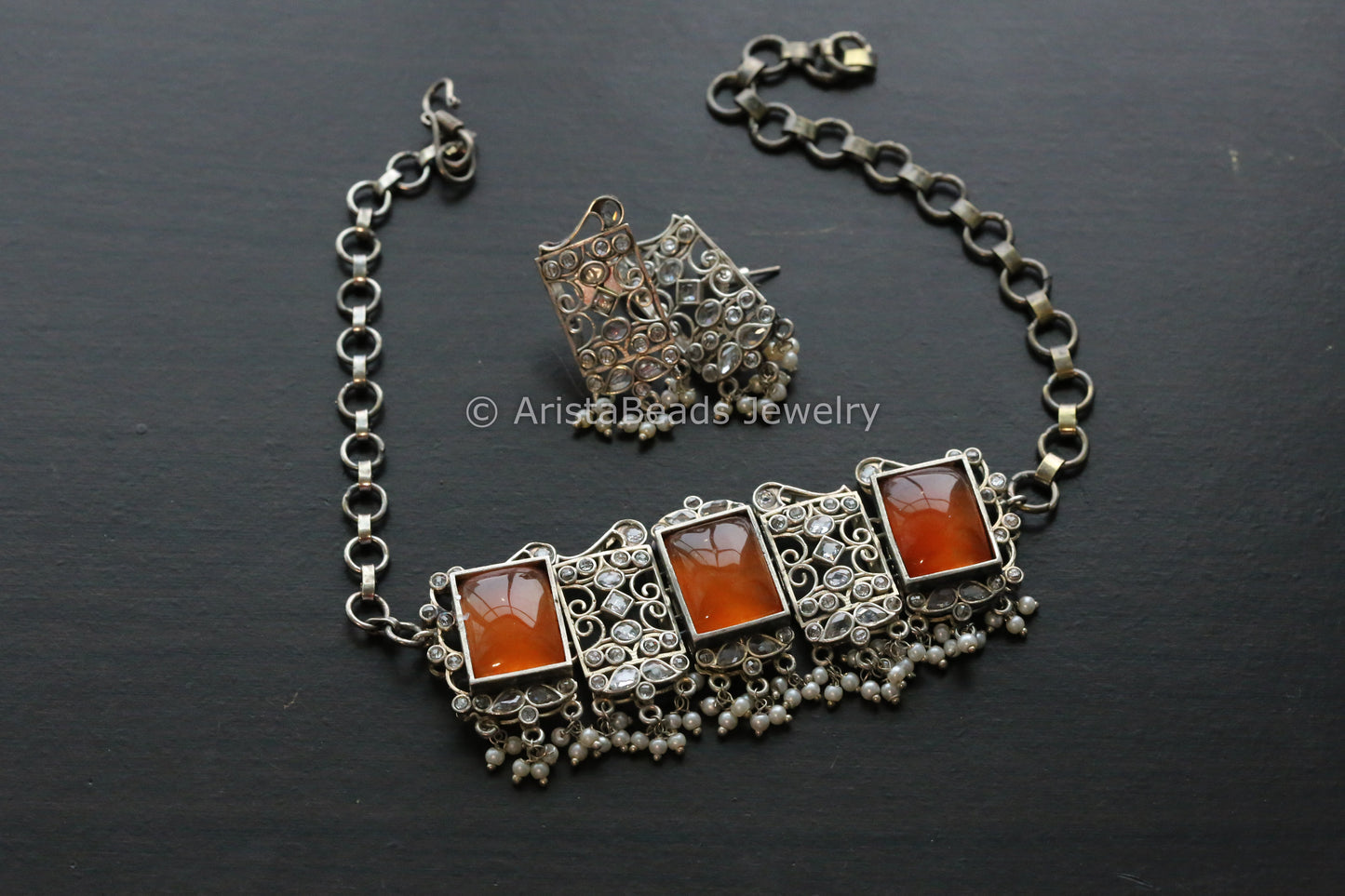 Orange Quartz Oxidized Choker Set