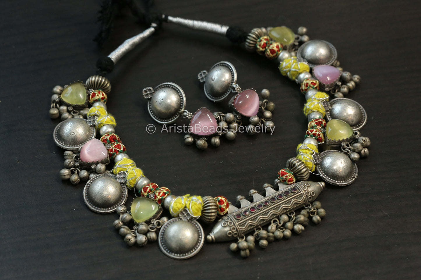 Amrapali Silver Look Alike Tabeez Necklace Set -Yellow Pink