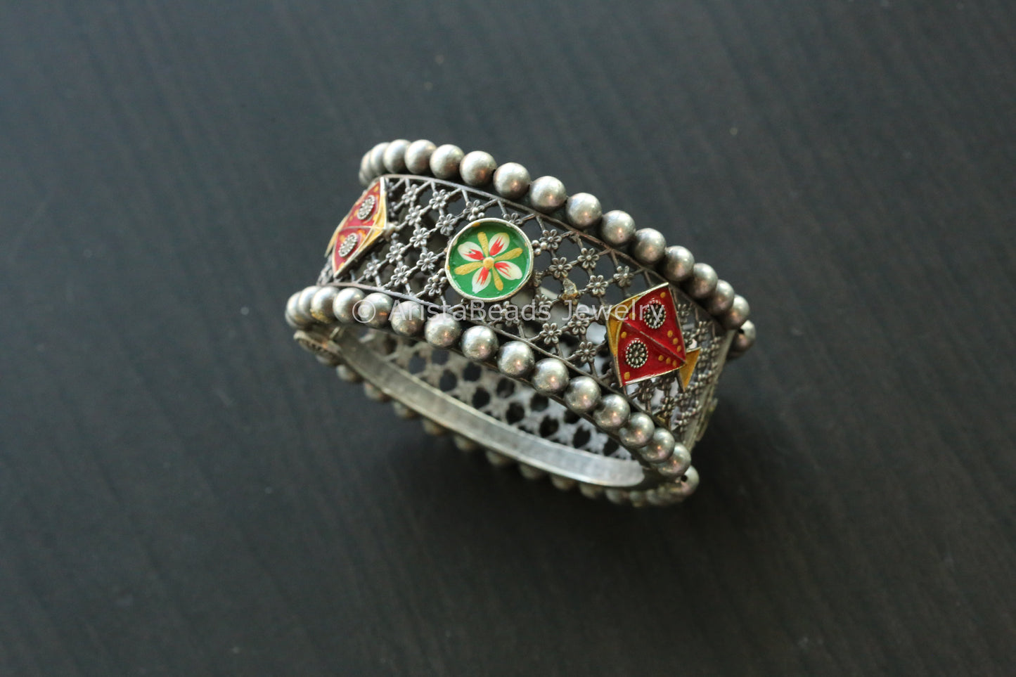 Enamel Oxidized Silver Look Bangle - Green Red