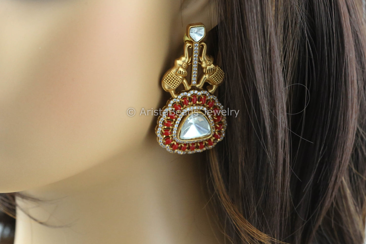 Uncut Polki Antique Earrings - Coral