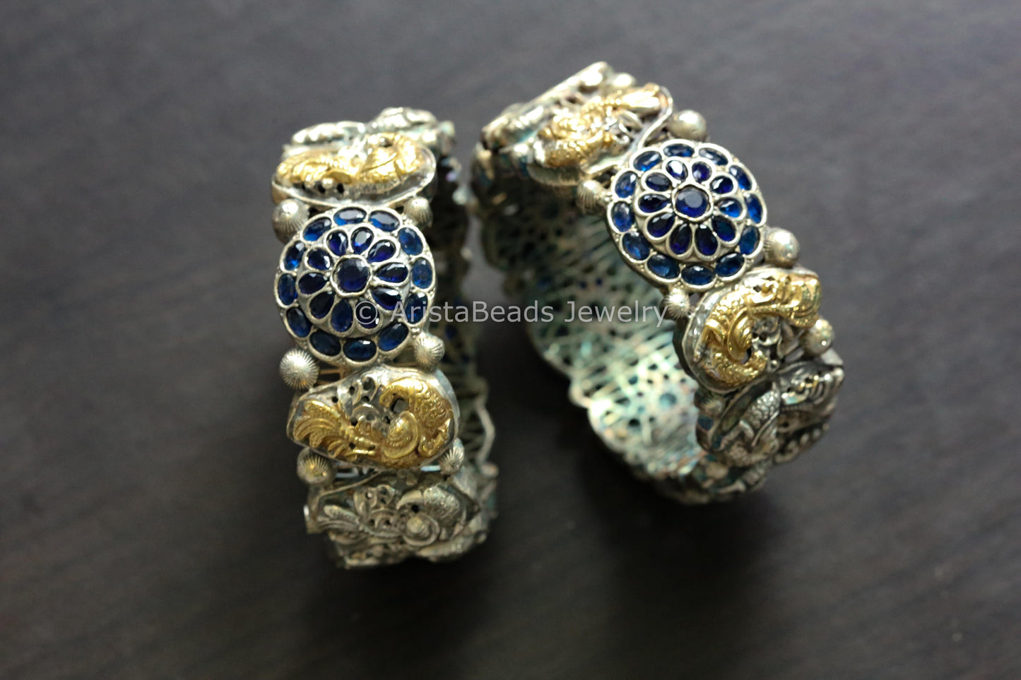 Silver Replica Nakshi Bangle (Openable) - Blue