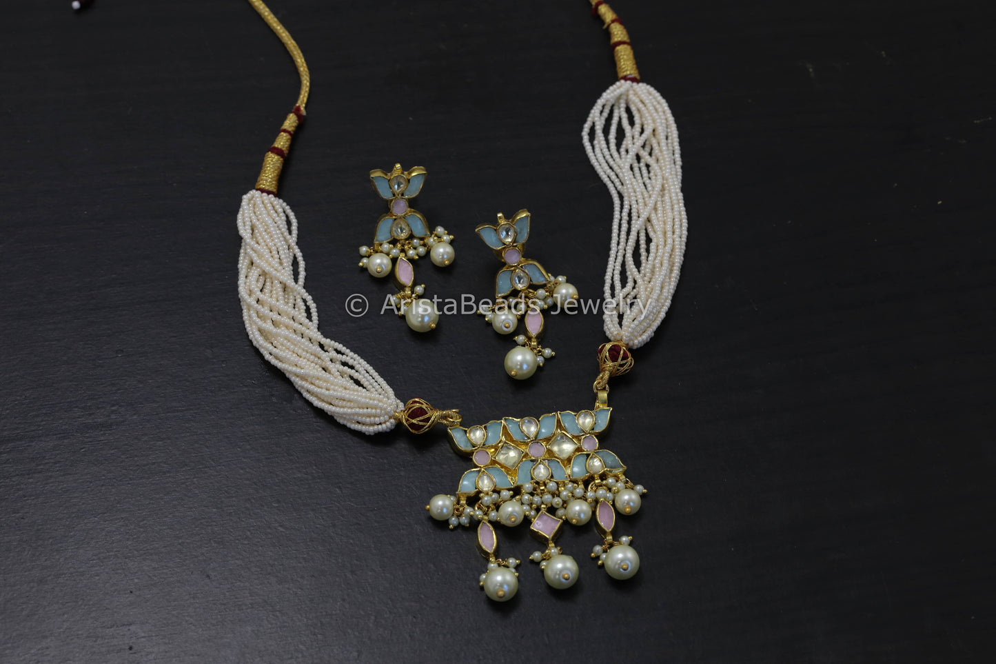 Dainty Pachi Kundan Necklace Set - Mint