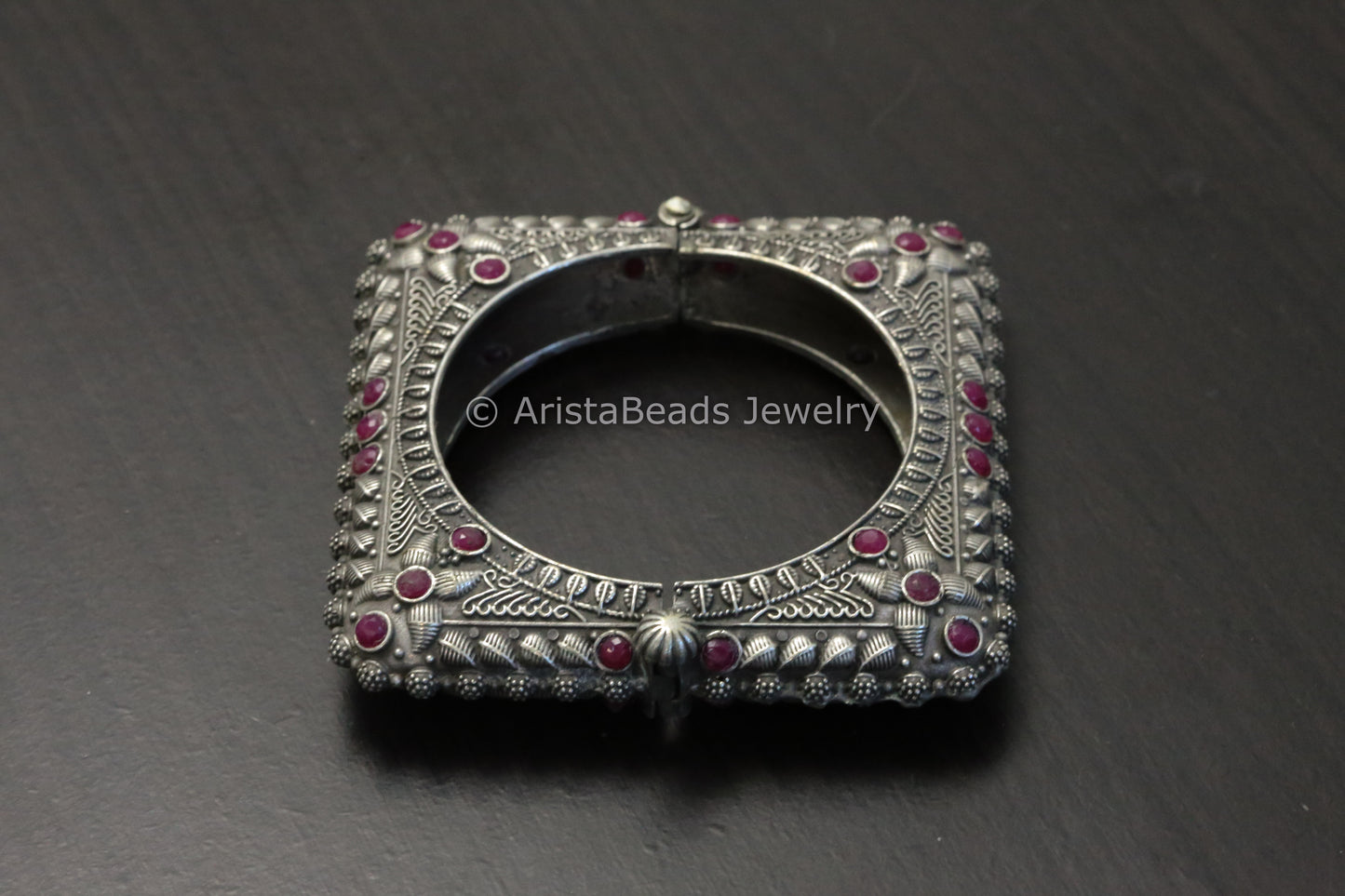 Silver Look Oxidized Square Bangle (Openable) - Red