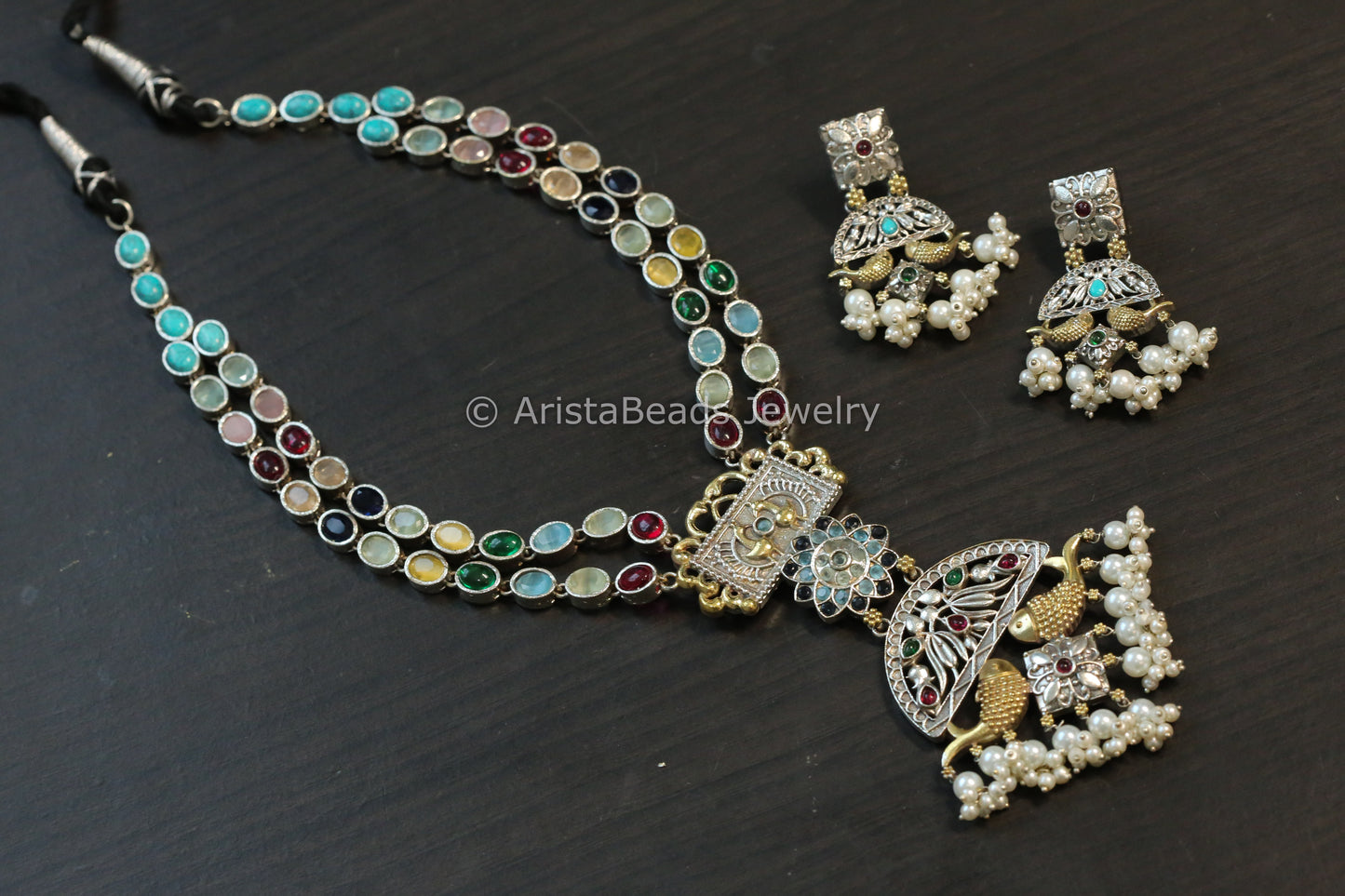 Dual Tone Navratan Kemp Brass Necklace Set