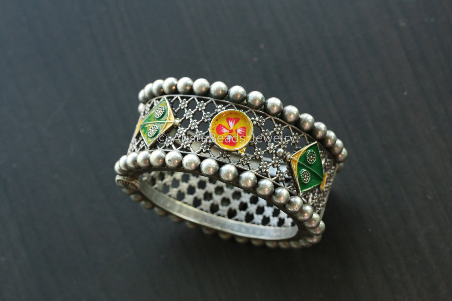 Enamel Oxidized Silver Look Bangle - Green Yellow