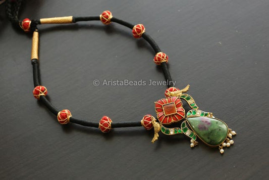 Jadau Kundan Thread Hasli Necklace - Coral