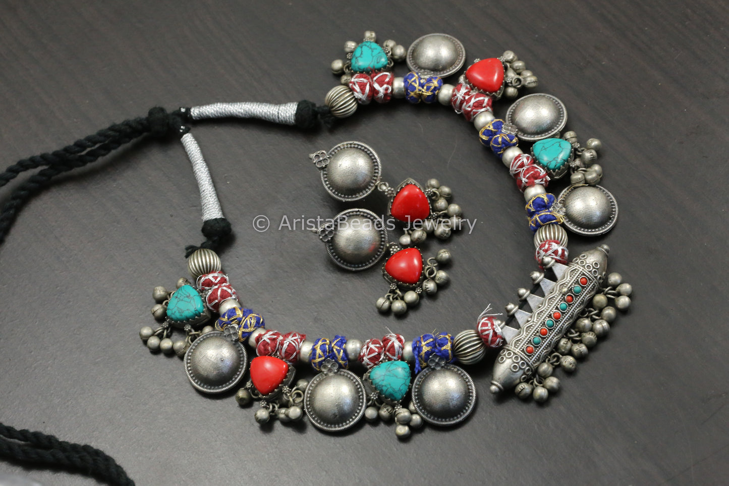 Amrapali Silver Look Alike Tabeez Necklace Set -Coral Turquoise