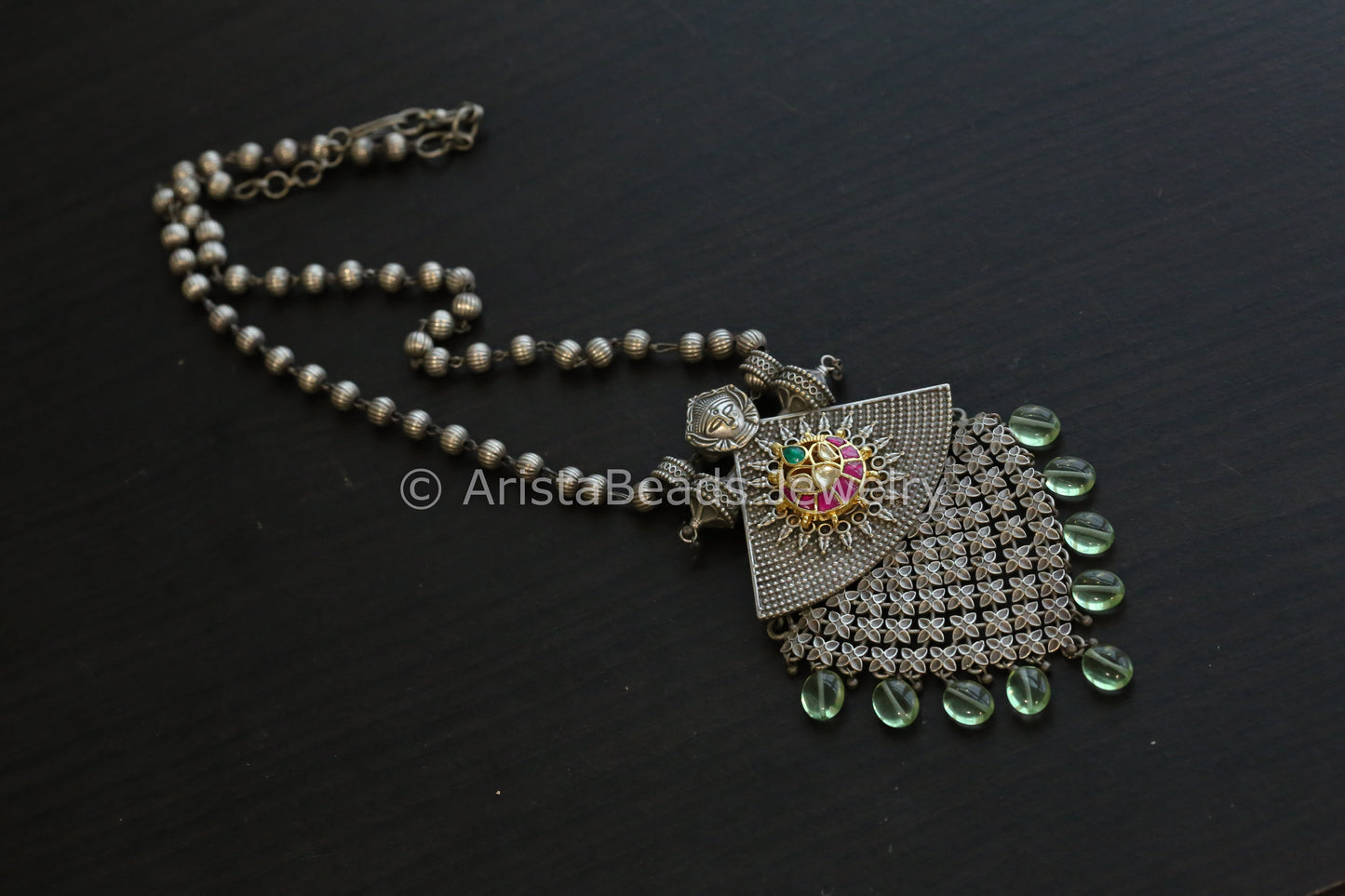 Silver Look Jadau Necklace - Apple Green Drops