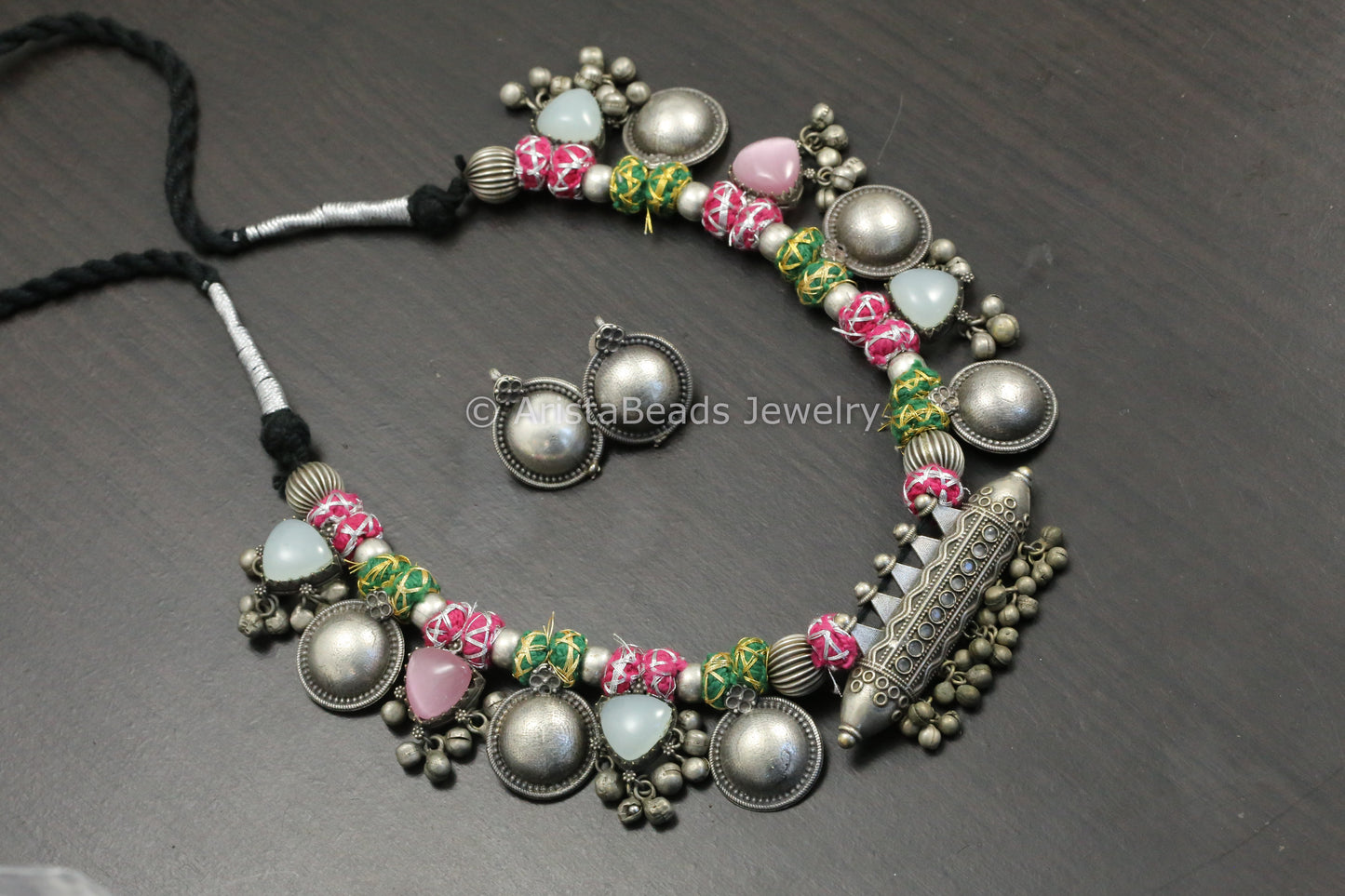 Amrapali Silver Look Alike Tabeez Necklace Set - Pink Green