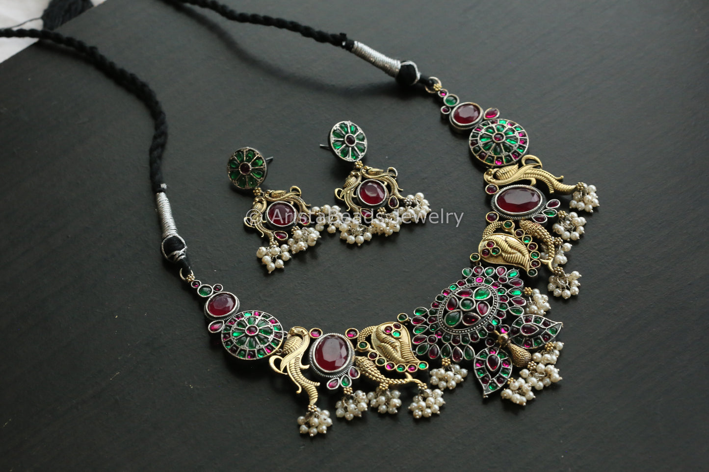 Dual Tone Kemp Stones Necklace Set - Green Ruby