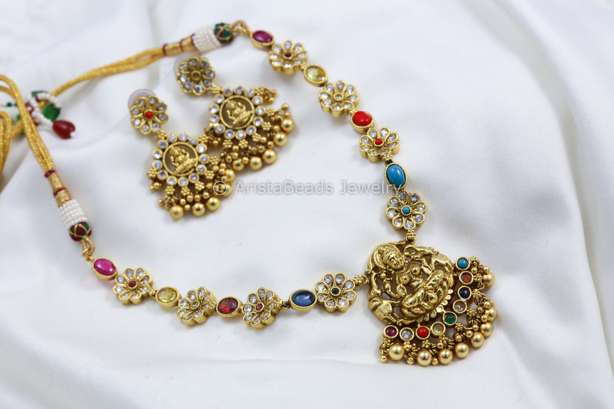 Navratan Antique Gold Temple Necklace Set