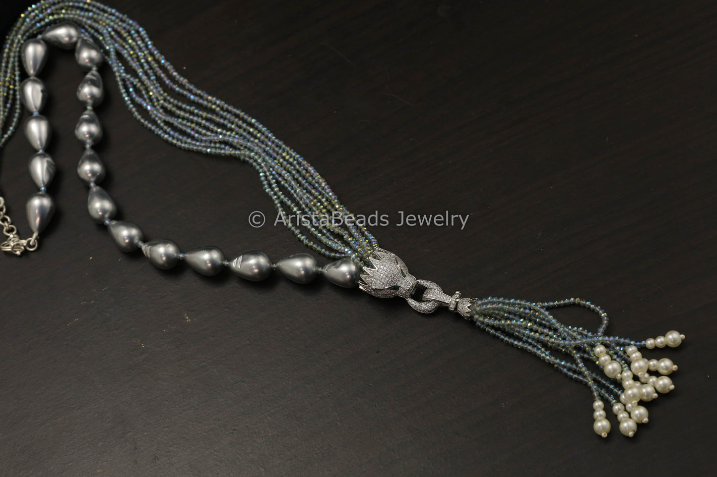 Micro Pave Tassel Pendant In Pearls & Crystal Beads- Gray