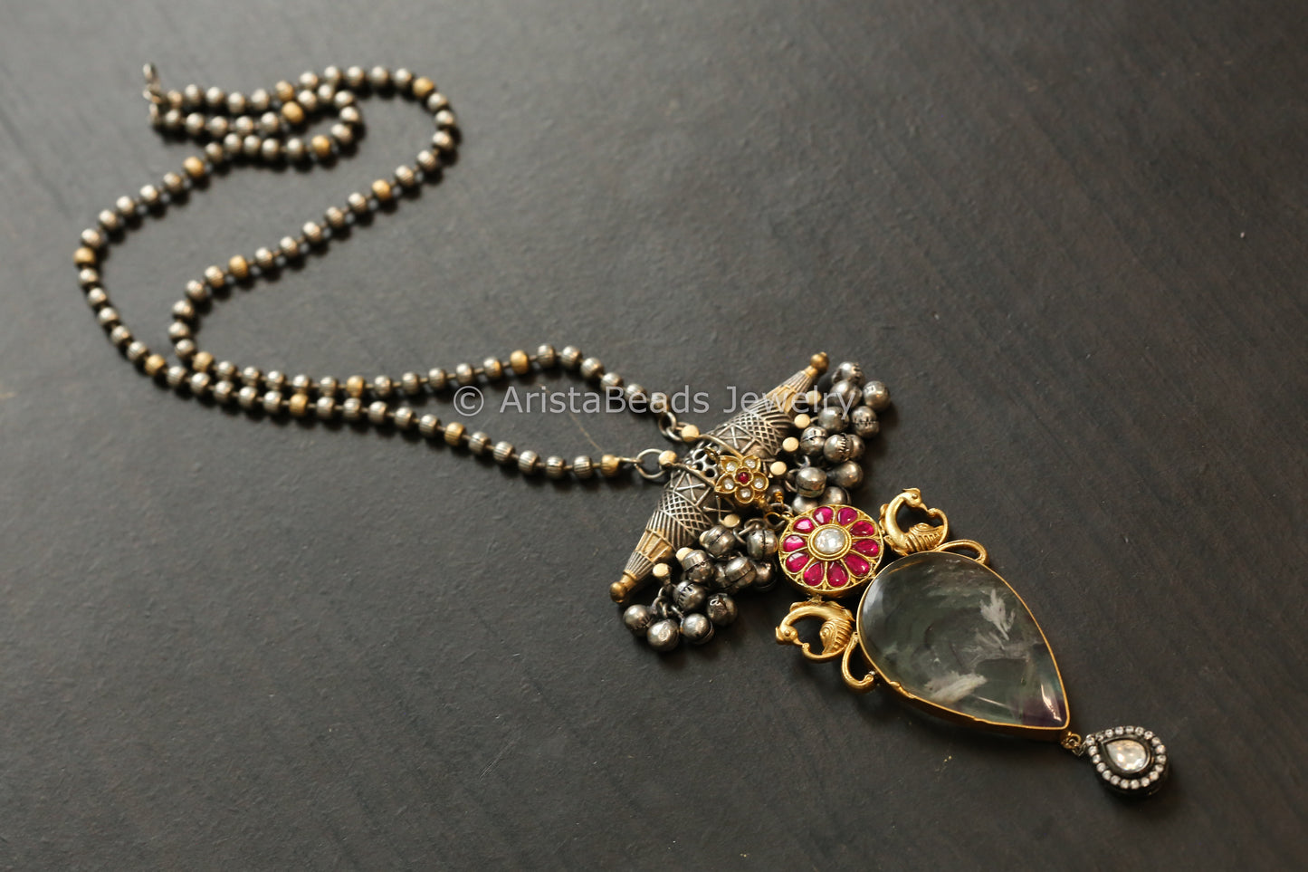 Silver Replica Dual Tone Fluorite & Jadau Necklace