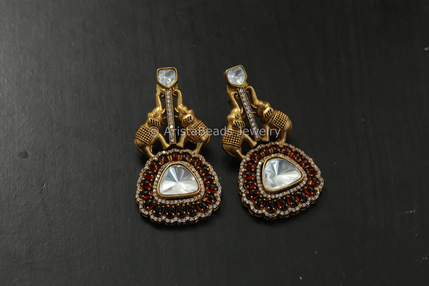 Uncut Polki Antique Earrings - Red