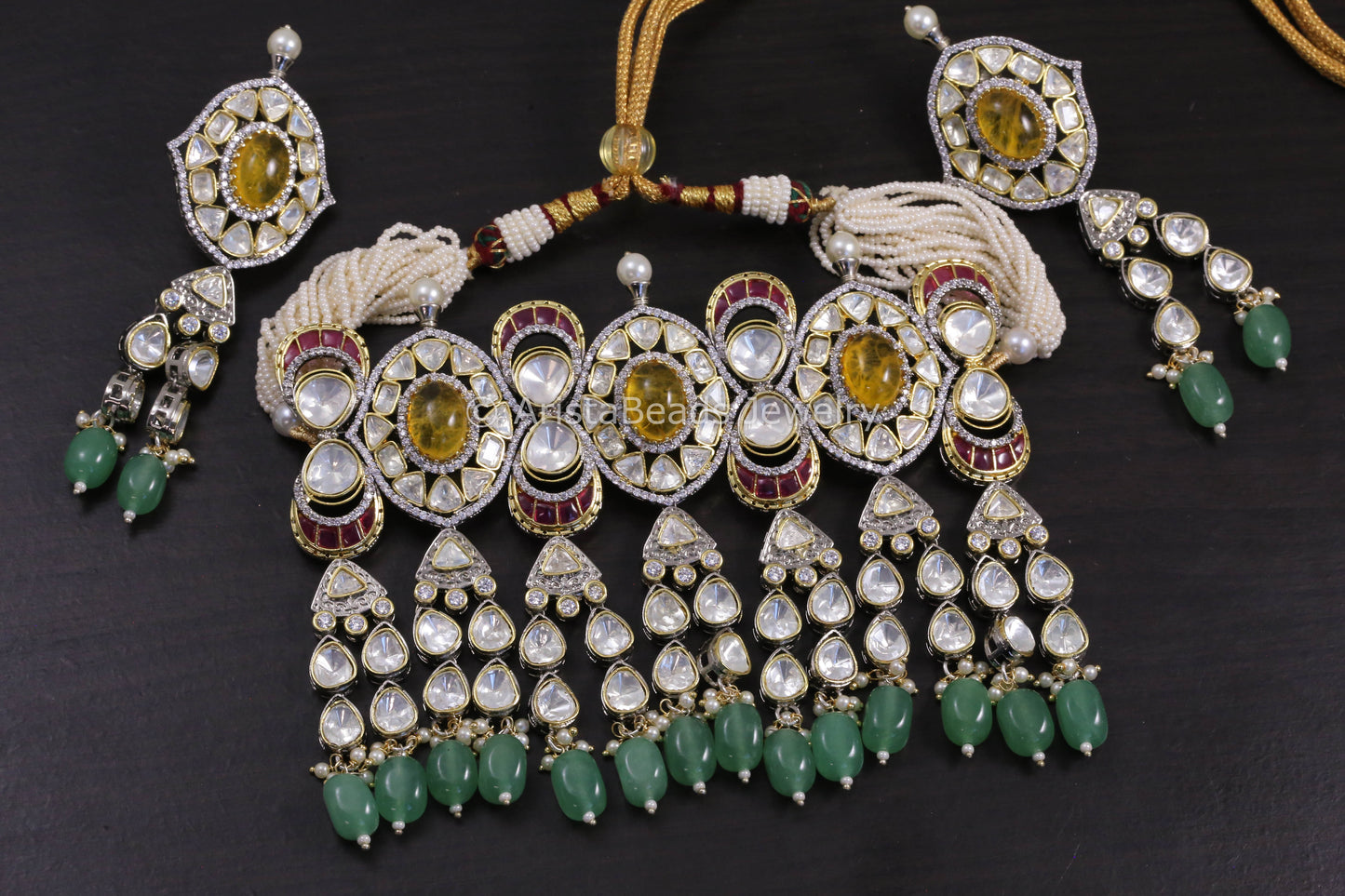 Premium Uncut Polki, Yellow Doublet & Pota Stones Necklace Set