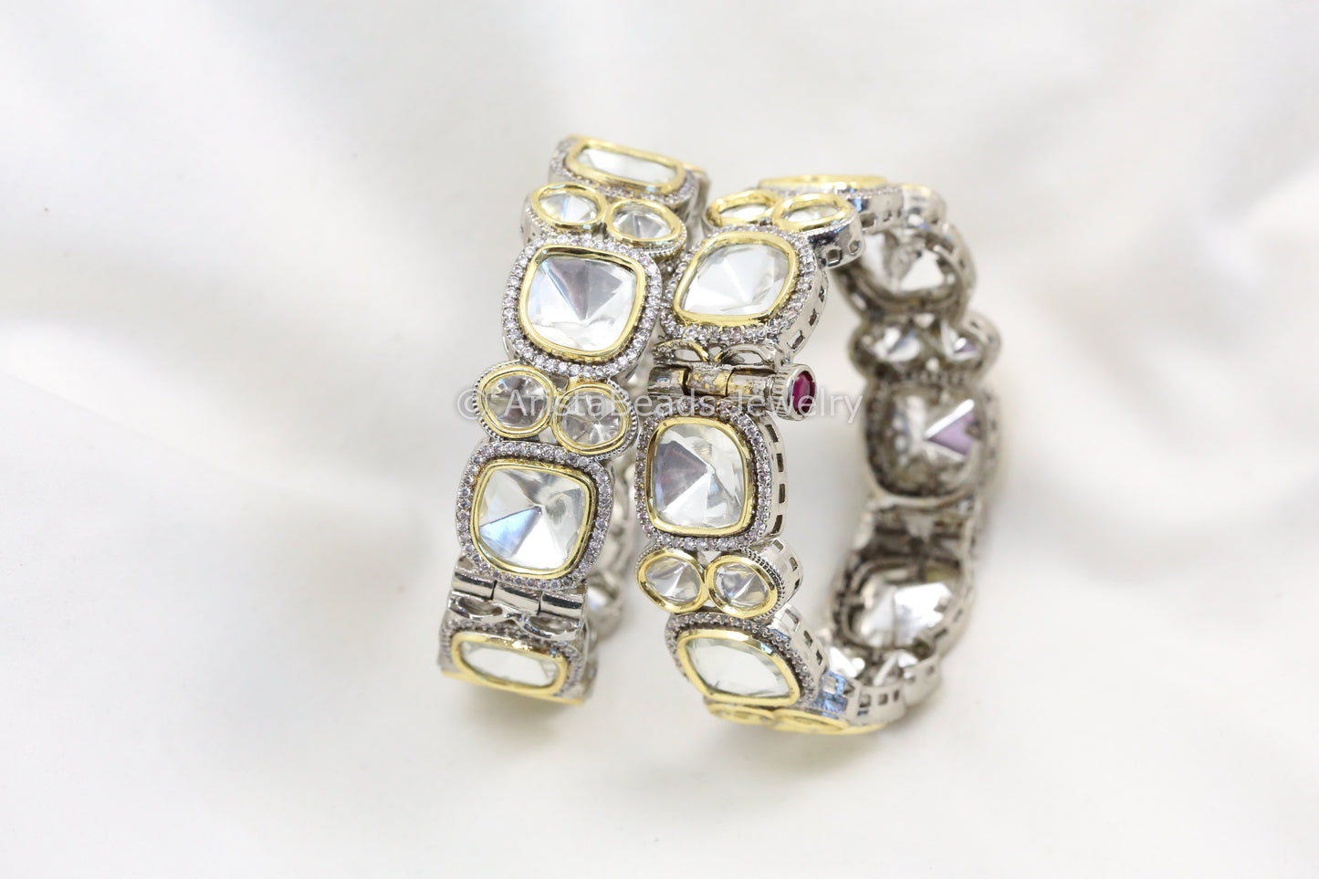 Big Kundan Polki & CZ Bangle Set (Openable)