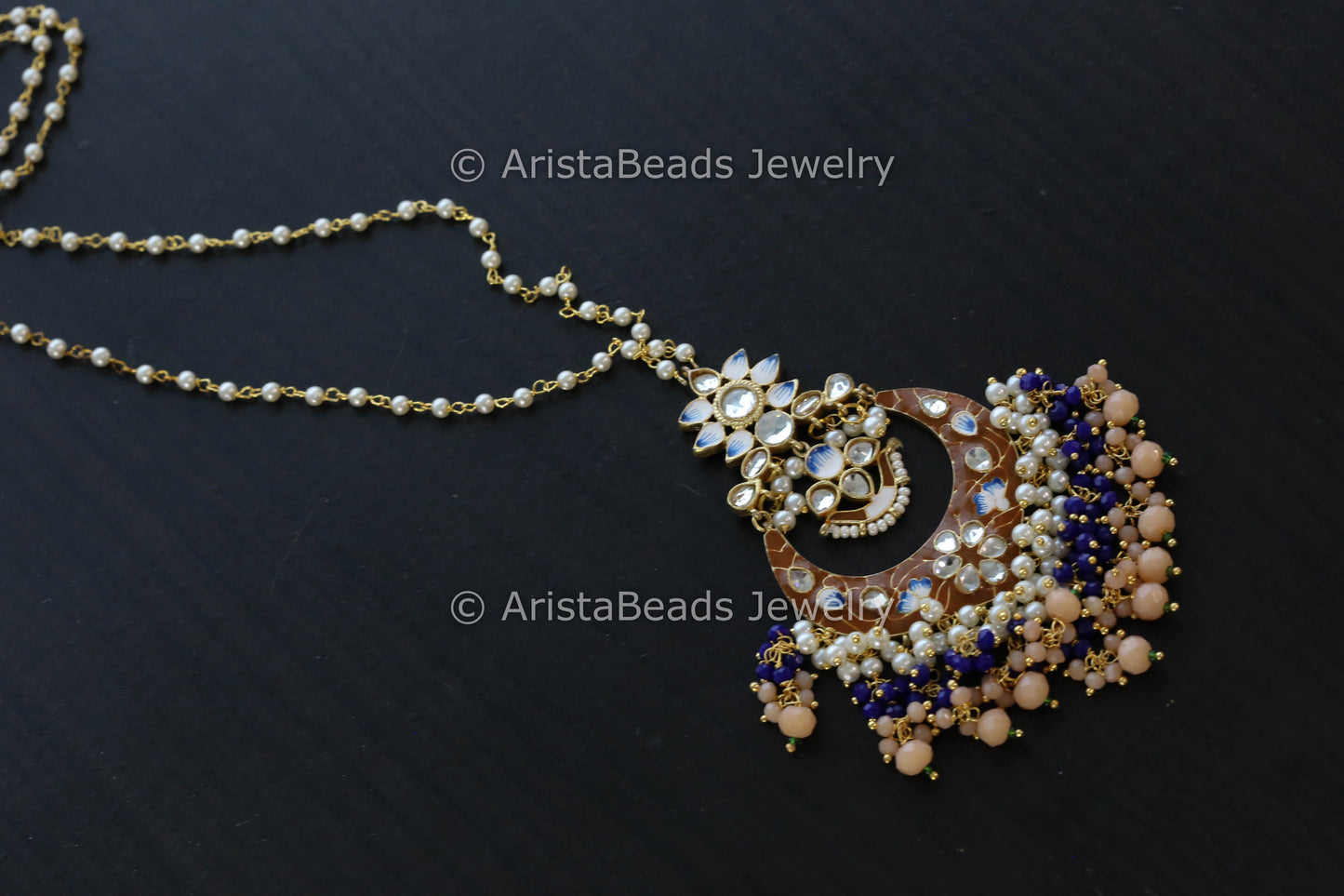 Handmade Pearl Chain Necklace With Enamel Pendant - Brown