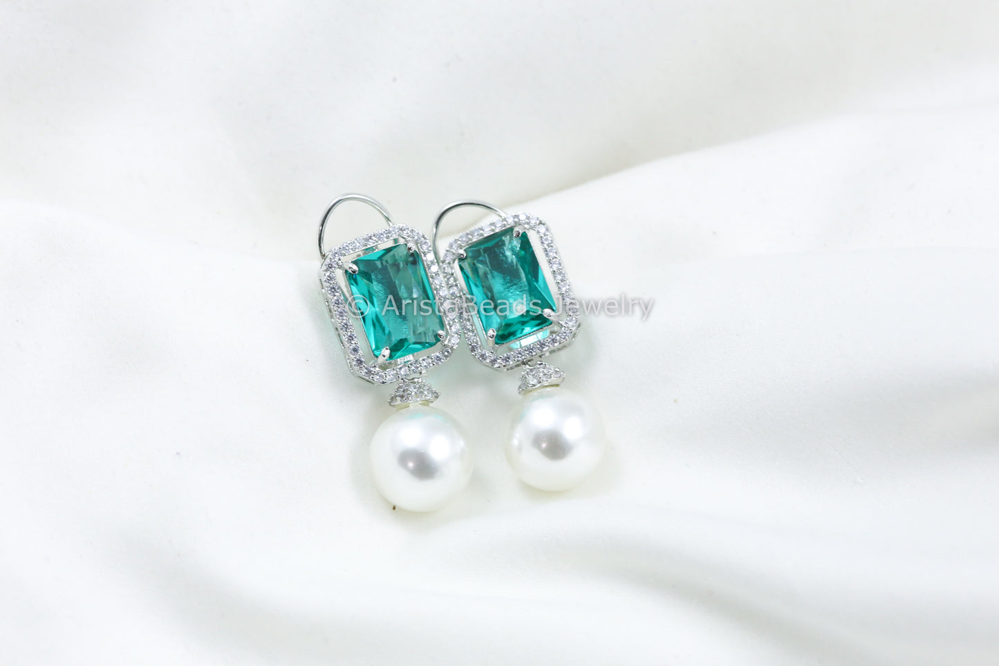 Sea Green CZ Pearl Earrings