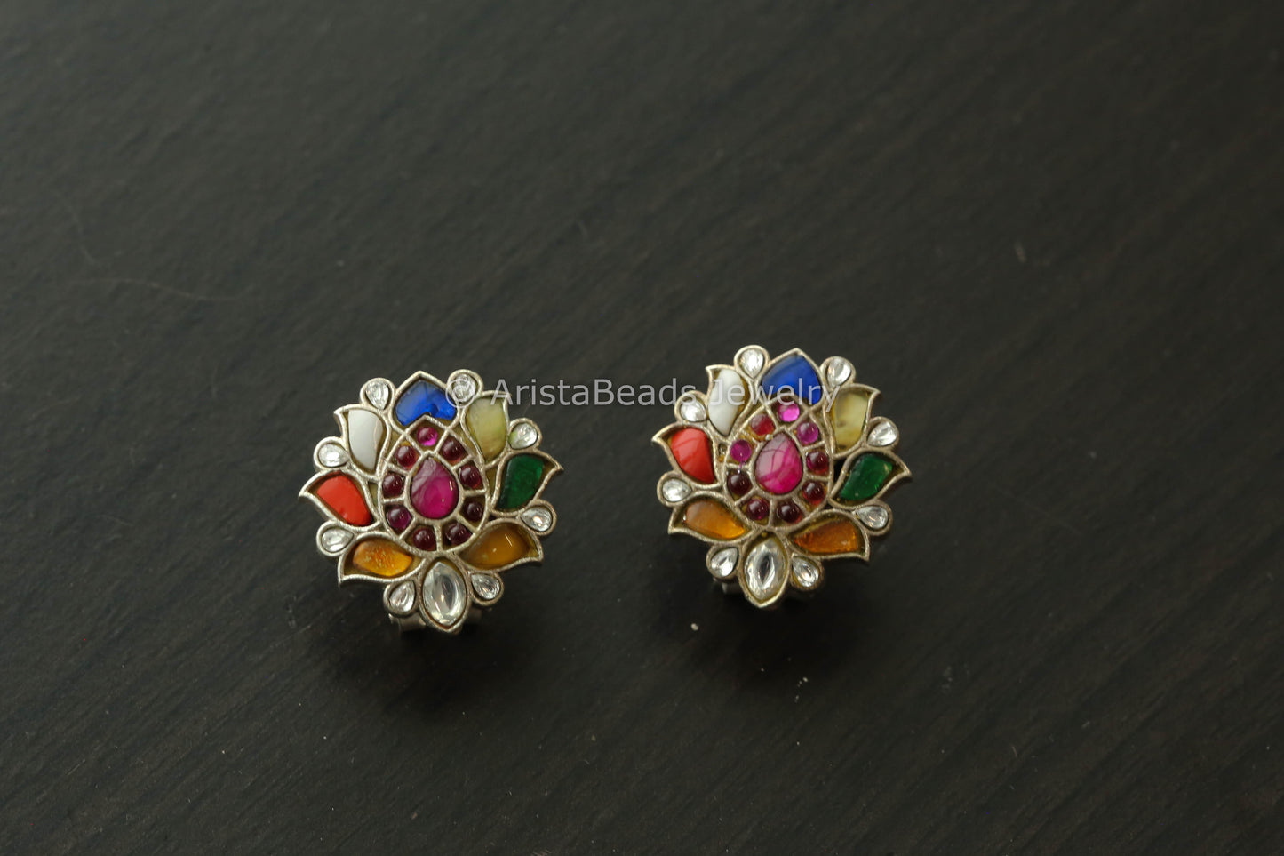 Silver Finish Navratan Jadau Studs