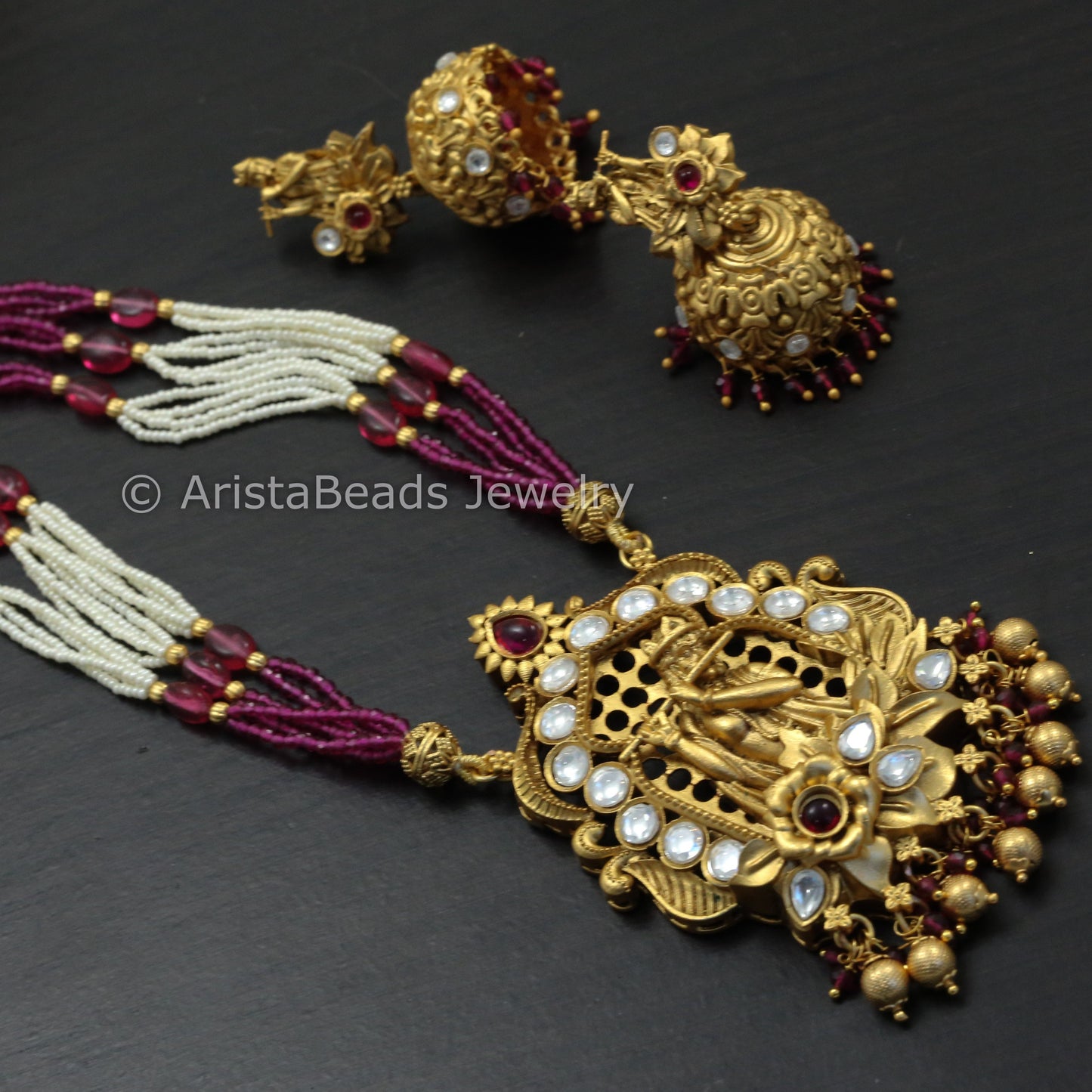 Shri Krishna Kundan Polki Necklace Set - Ruby