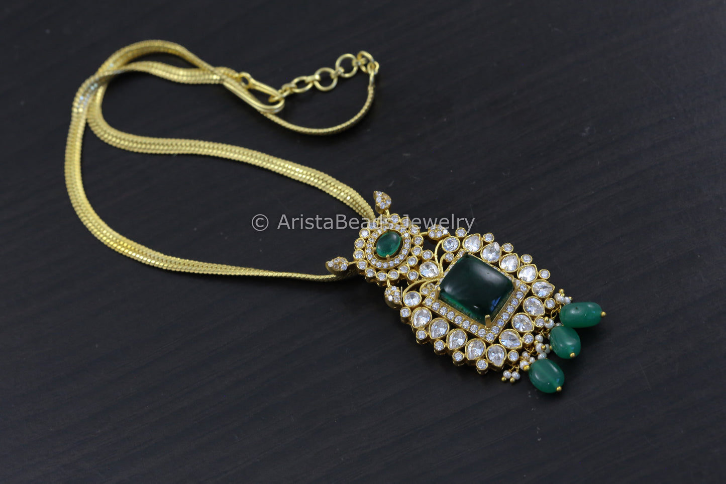 CZ Polki Green Pota Stone Pendant Chain