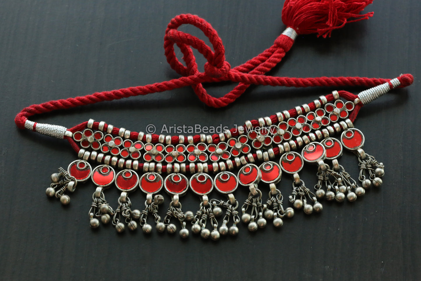 Darpan Oxidized Real Glass Necklace- Red