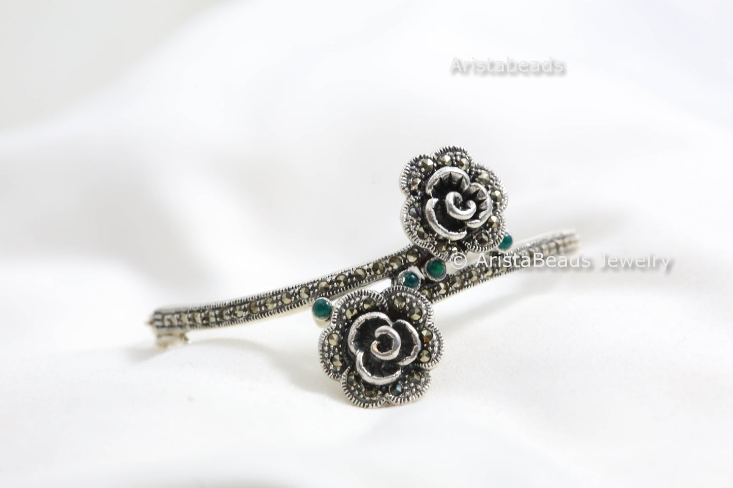 925 Sterling Silver Marcasite & Green Onyx Bracelet