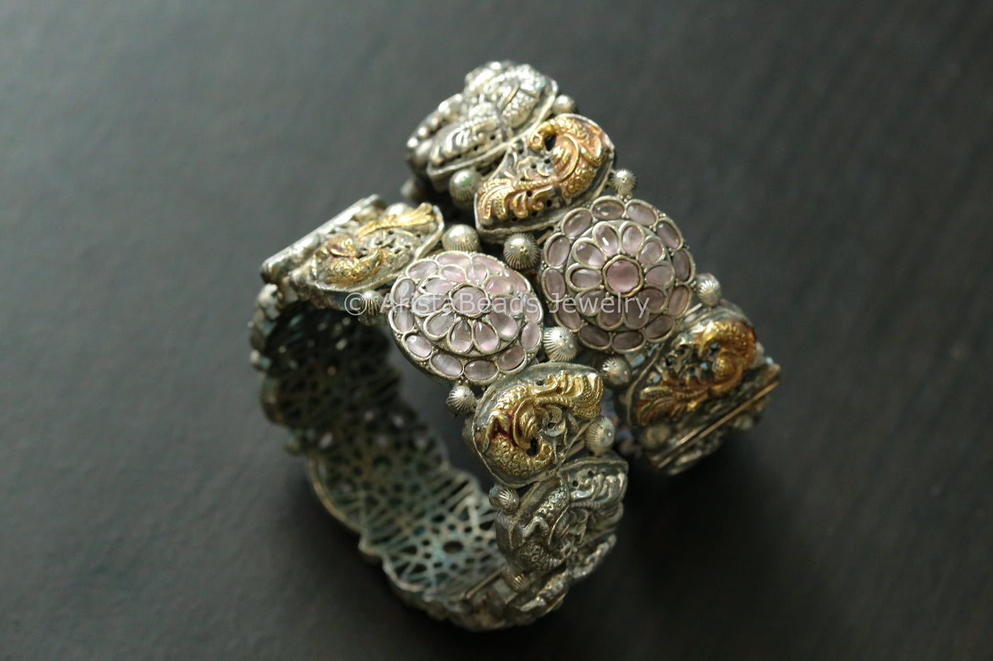 Silver Replica Nakshi Bangle (Openable) - Blush Pink
