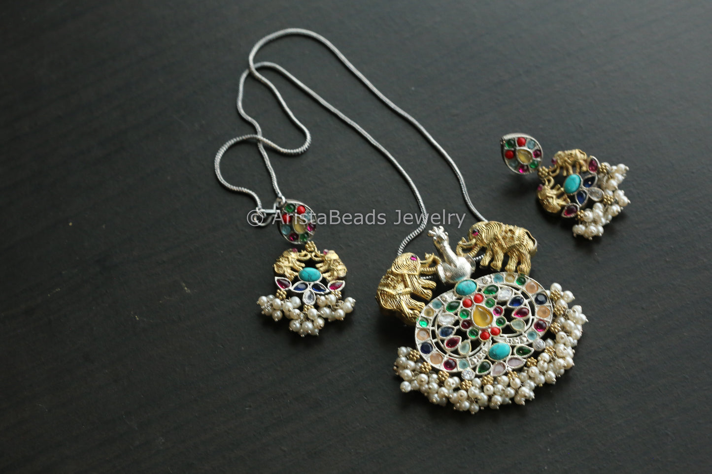 Dual Tone Navratan Necklace Set