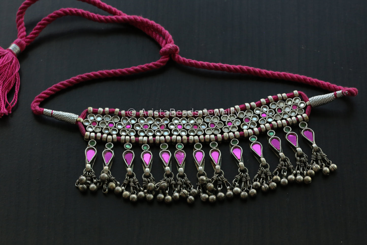 Darpan Oxidized Real Glass Necklace- Pink Green Clear