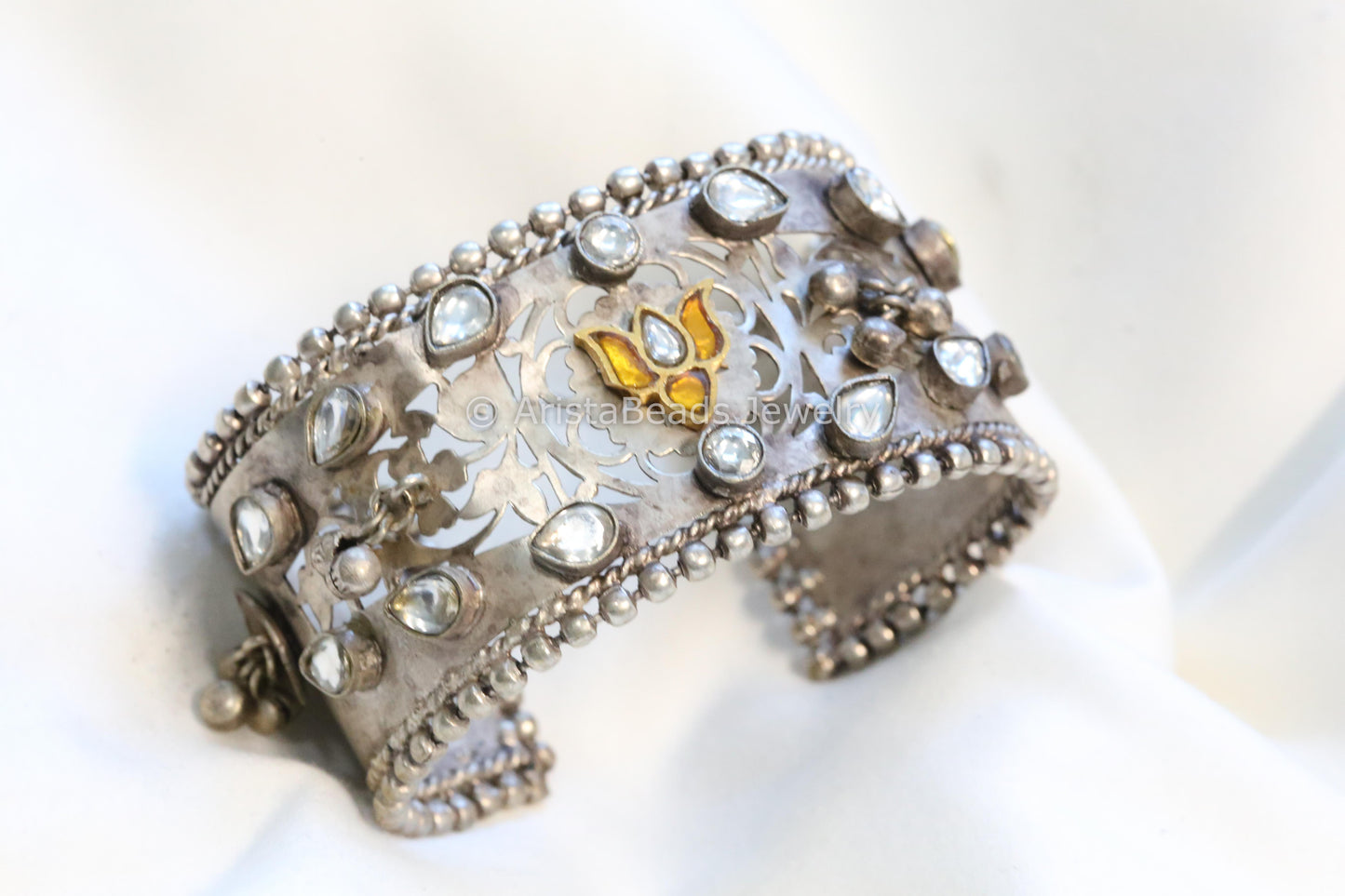 Handmade 925 Silver Plated Kundan Bracelet - Yellow