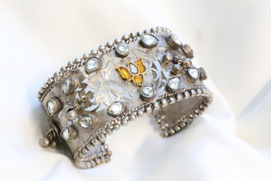 Handmade 925 Silver Plated Kundan Bracelet - Yellow