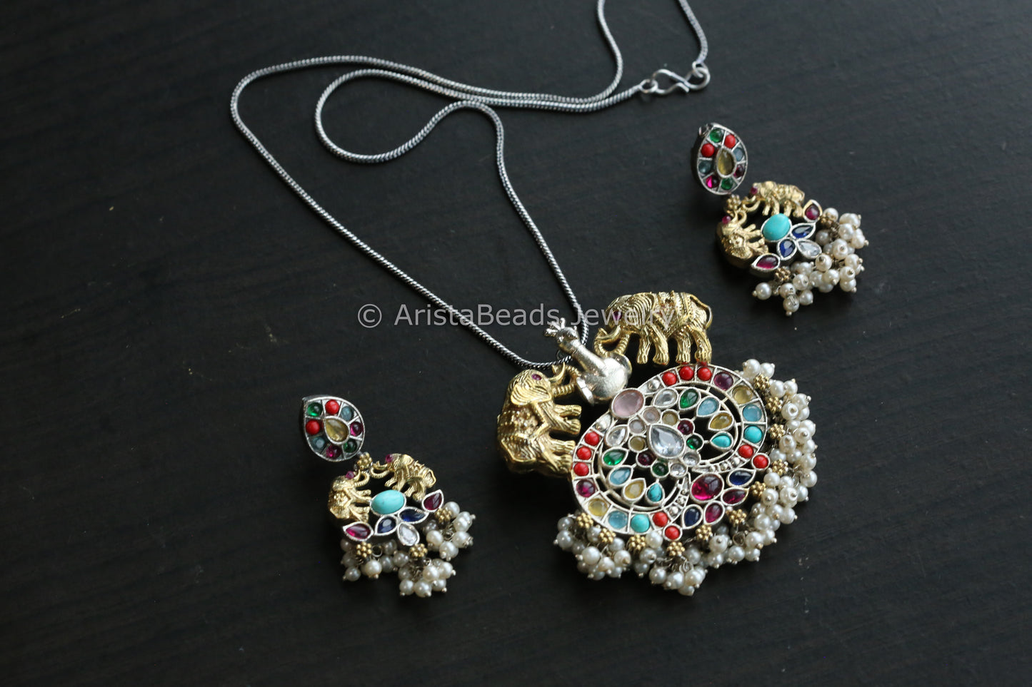 Dual Tone Navratan Necklace Set
