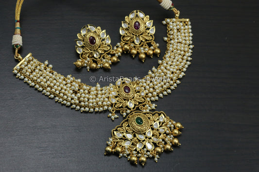 Kundan & Pearl Guttapusalu Necklace Set - Multi