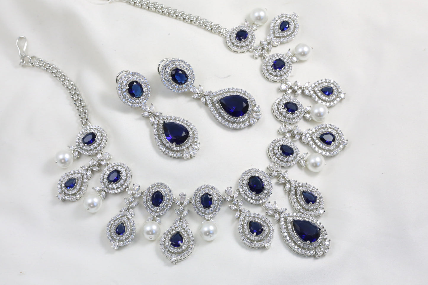 Sapphire Blue CZ & Pearl Necklace Set