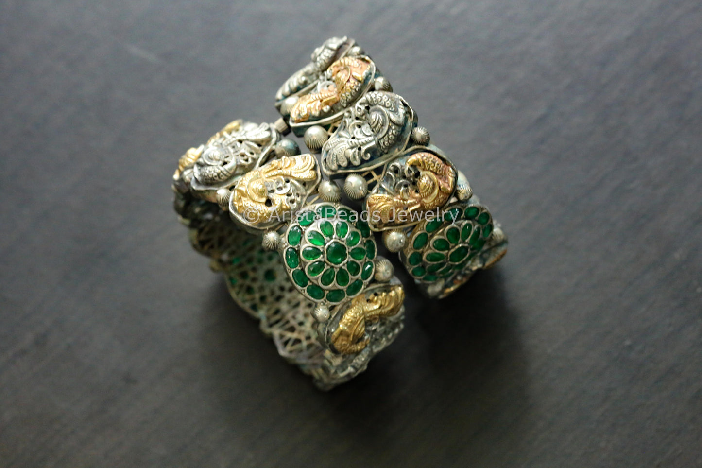 Silver Replica Nakshi Bangle (Openable) - Green
