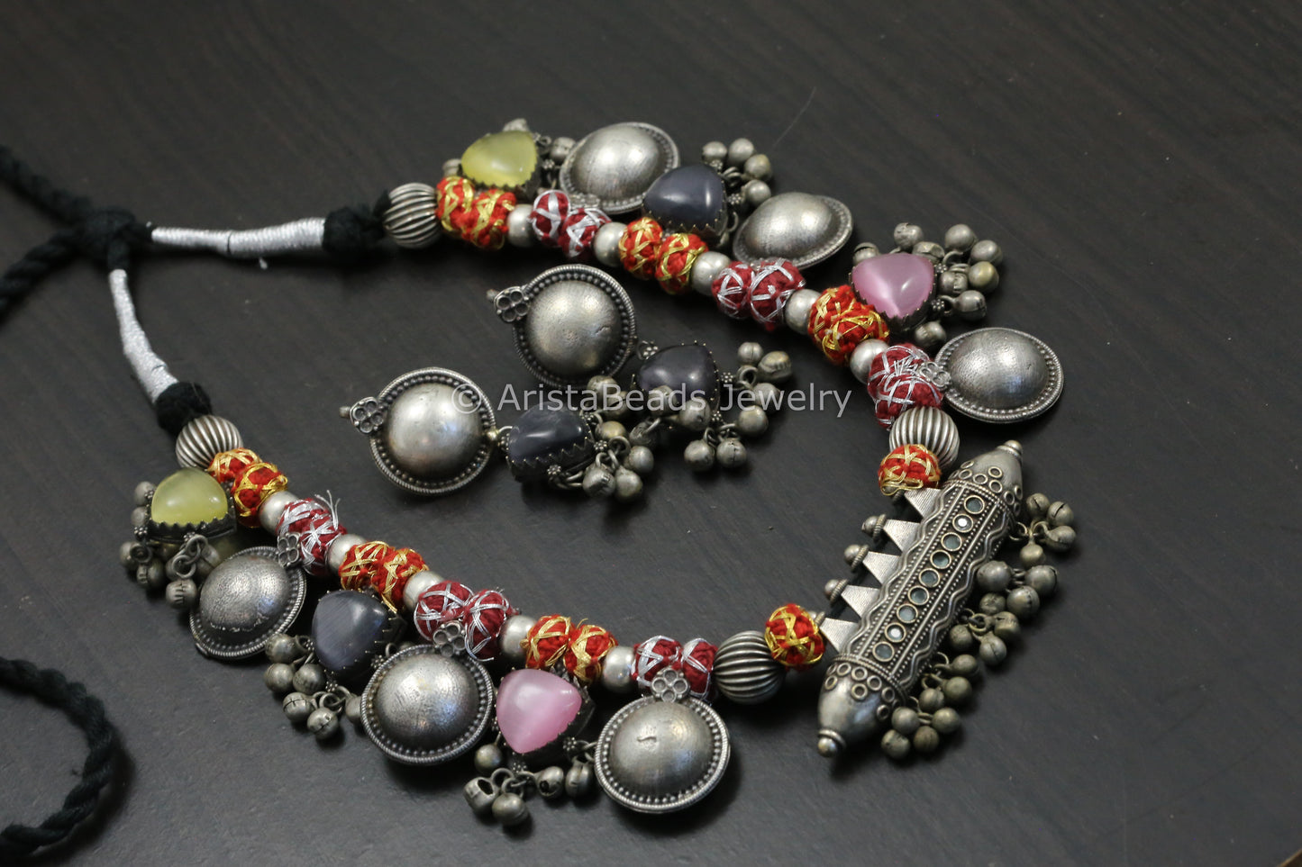 Amrapali Silver Look Alike Tabeez Necklace Set -Red Pink