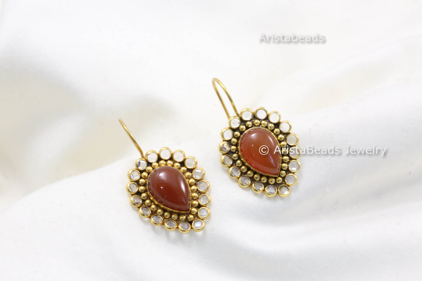 Carnelian & Polki 925 Silver Earrings