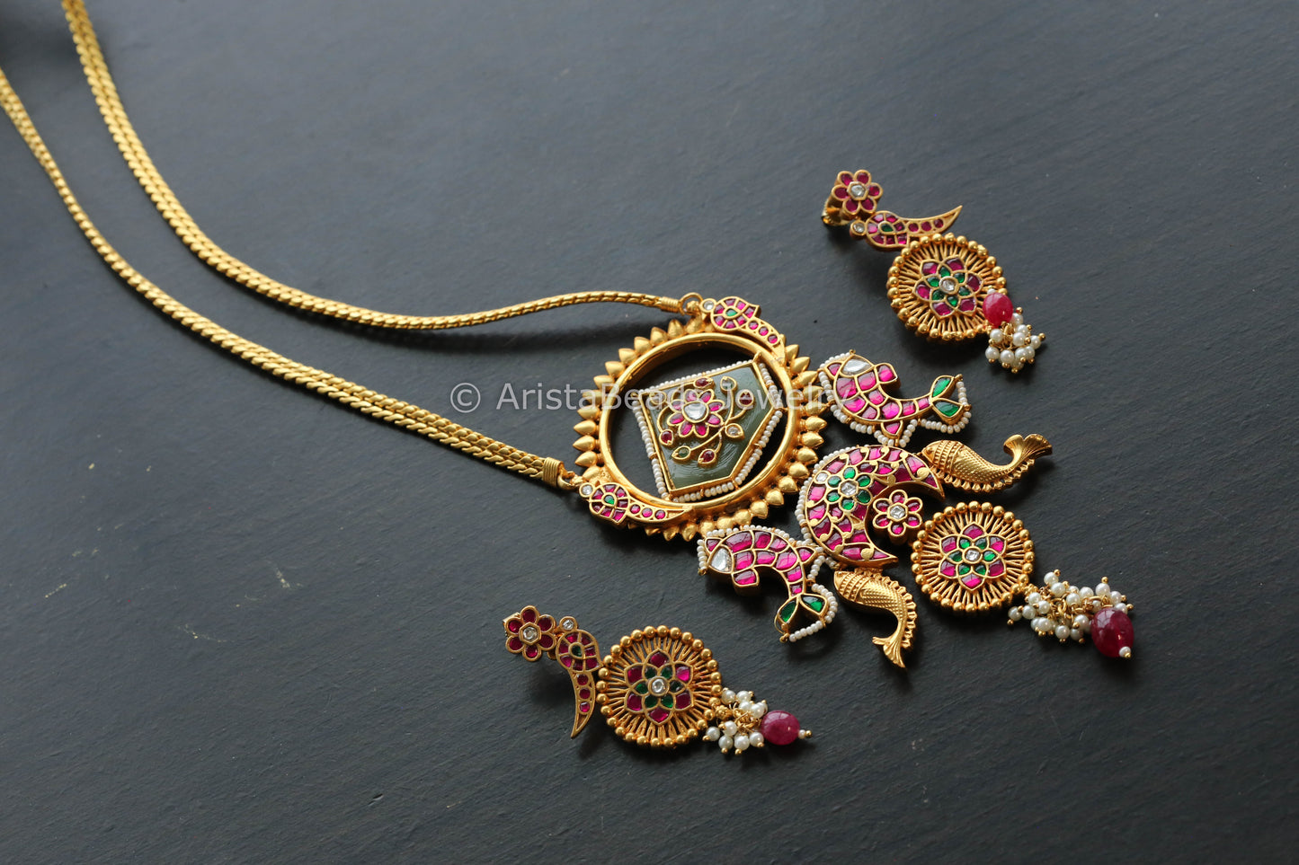 Real Gold Look Alike Pachi Kundan Necklace Set -Mint