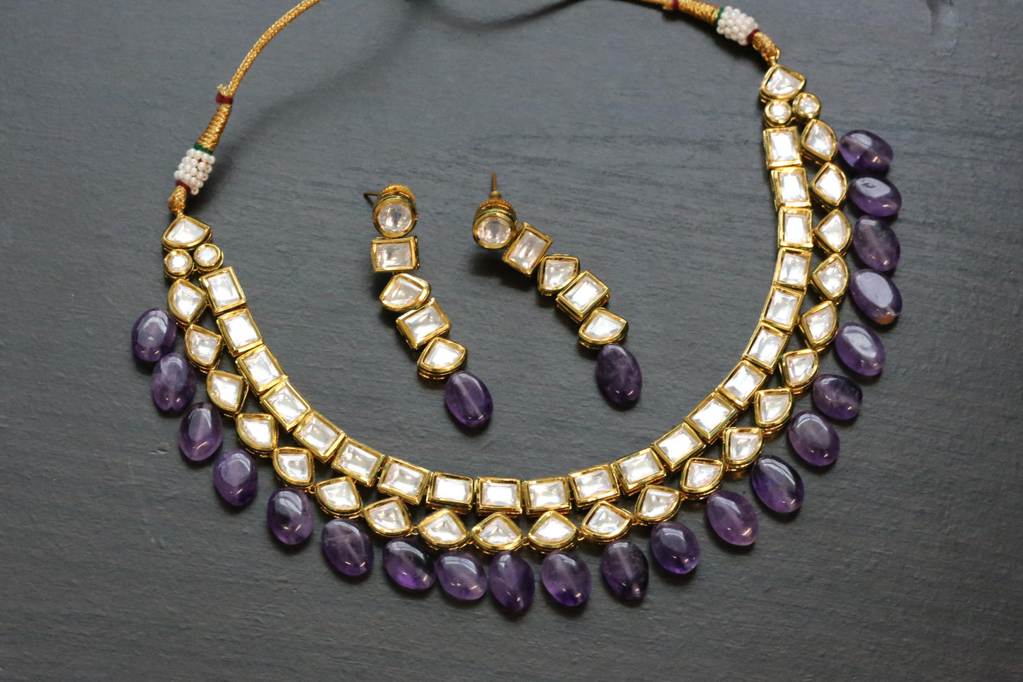 Bikaneri Kundan Necklace Set With Real Amethyst Drops
