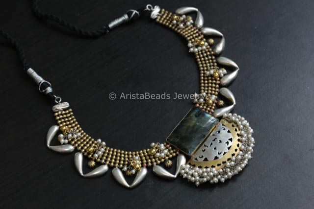 Real Labradorite Stone Silver Replica Necklace - Gold Drops