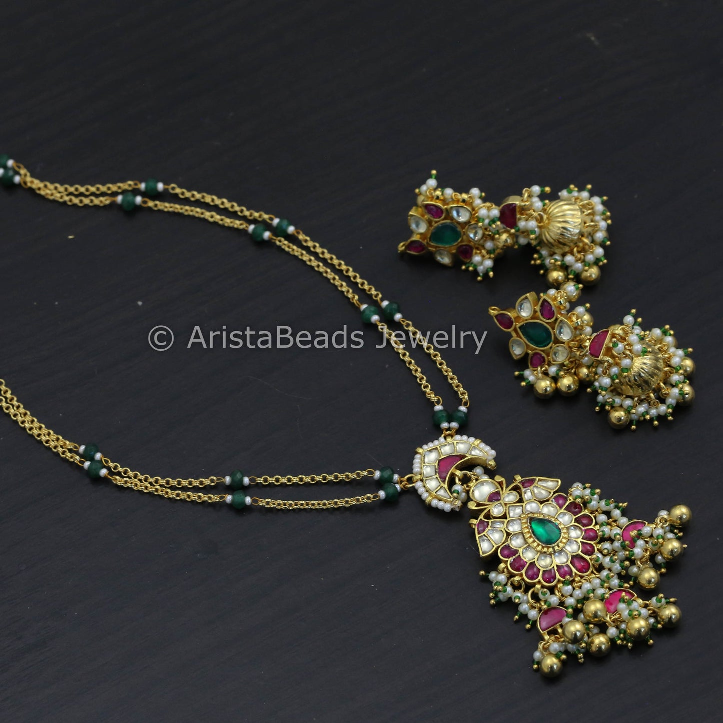 Dainty Gold Look Pachi Pendant Necklace Jhumka Set