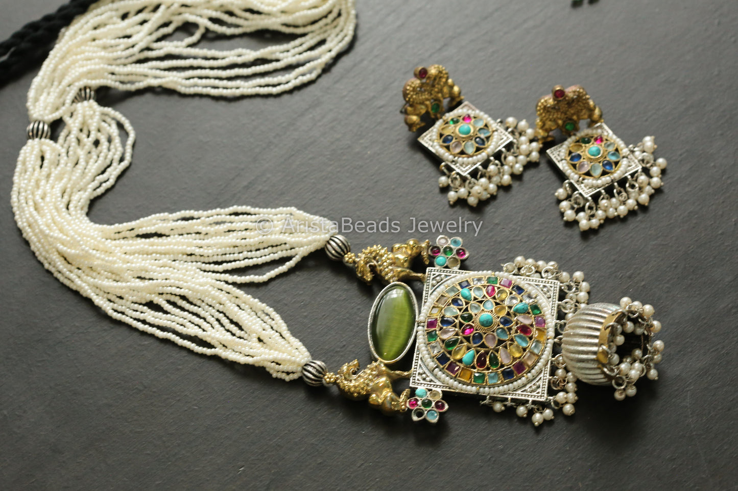 Handmade Dual Tone Jhumka Necklace Set - Navratan