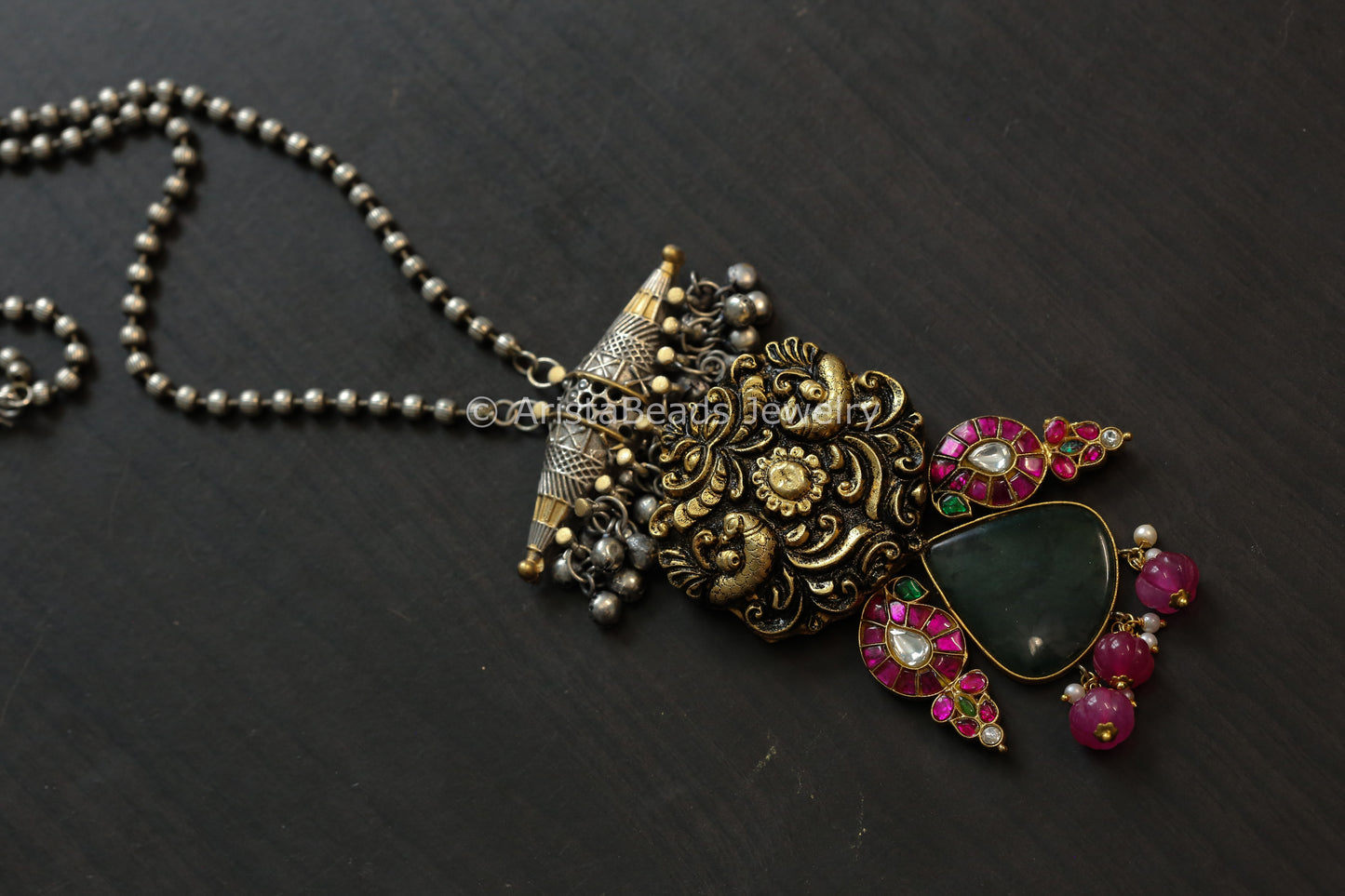 Silver Replica Dual Tone Quartz & Jadau Necklace