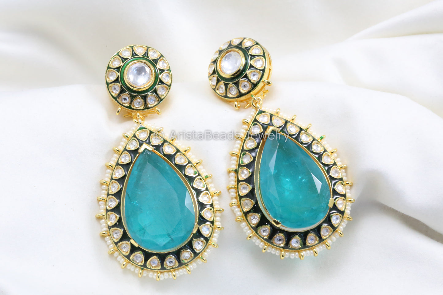 Extra Large Enamel, Uncut Polki & Doublet Stone Earrings - Aqua